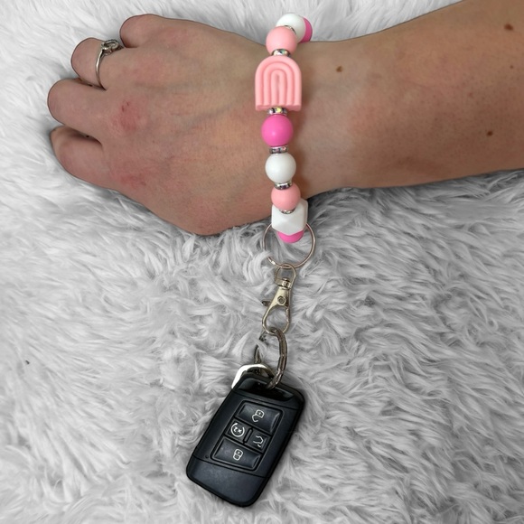 Pink and white Rainbow Silicone Wristlet Keychain, 7 1/2” inch - Picture 3 of 3